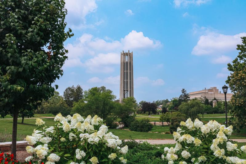 The Metz Carillon Tower in the Cox Arboretum on a summer day