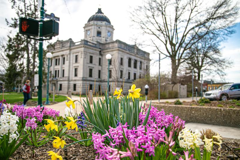 Vibrant spring flowers in front of the Courthouse