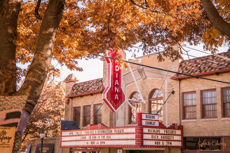 Exterior of the Buskirk-Chumley Theater in Bloomington, IN during fall