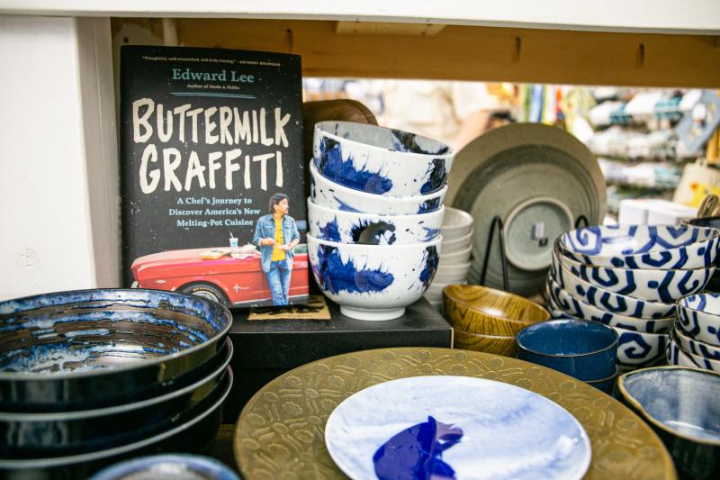 Display of dishes and cookbooks at Goods for Cooks