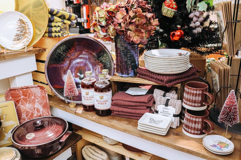 A display of holiday-themed kitchen and food items at Goods for Cooks