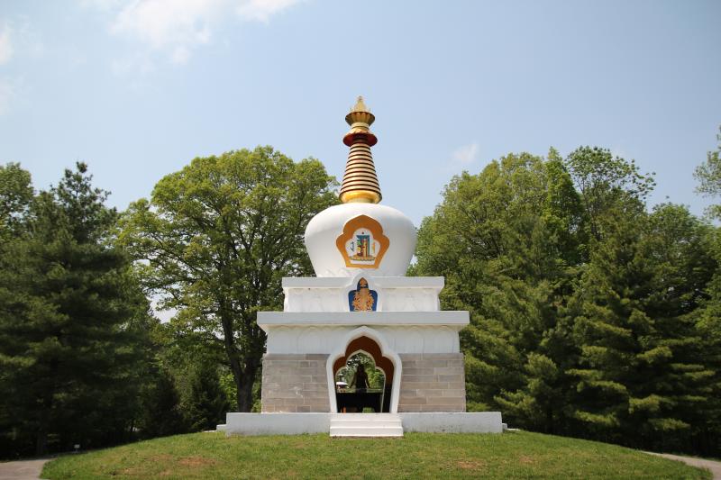 The Tibetan Mongolian Buddhist Cultural Center sits atop a sun-lit hill in Bloomington.