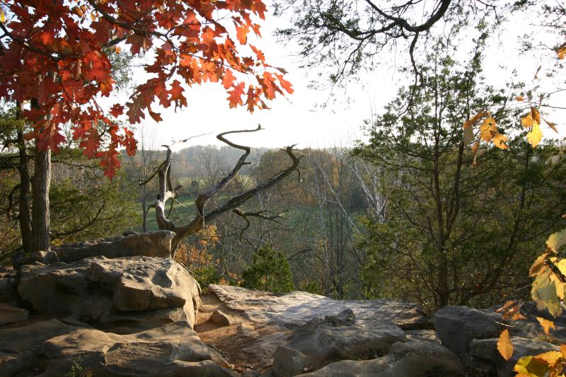 A view off a cliff-top at Cedar Bluff Nature Preserve during fall