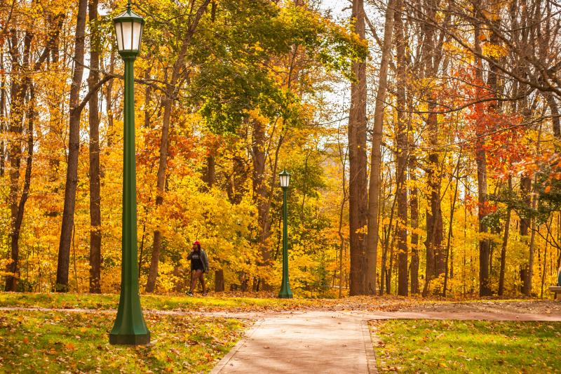 Man walking in IU'S Old Crescent during fall