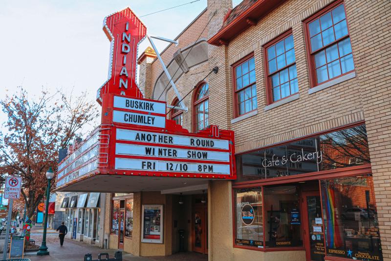 Exterior of the Buskirk-Chumley Theater and BLU Boy Chocolate Cafe & Cakery during winter