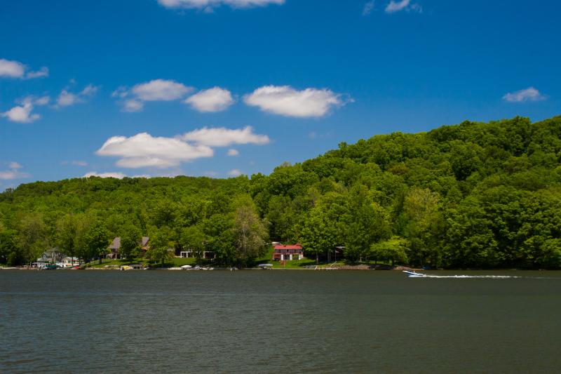 Speed boat cruising through the water on Lake Lemon