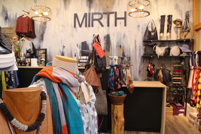 Clothing and accessories inside the Mirth Market