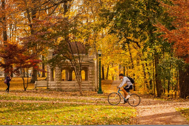 Person cycling IU's Old Crescent during Fall In Bloomington, IN