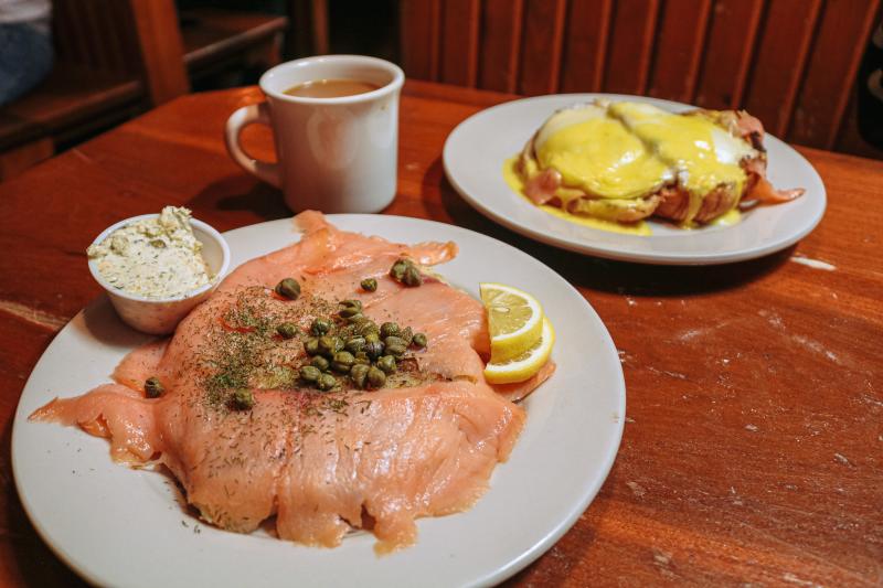 Smoked Salmon Hash and Smoked Salmon & Croissant Bennie from Runcible Spoon