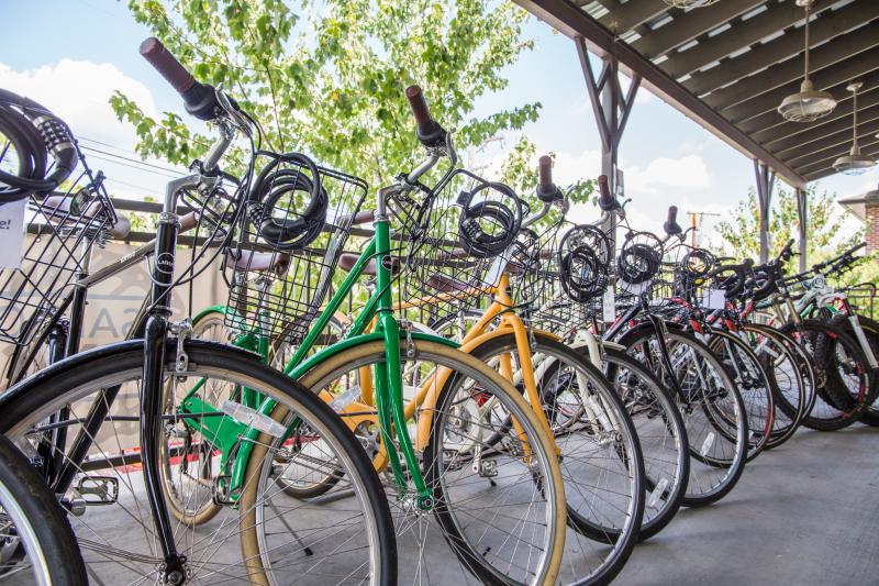 bikes with baskets and locks lined up