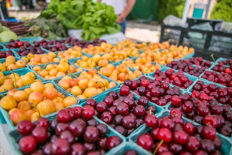 Display of tomatoes and cherries at the farmers' market