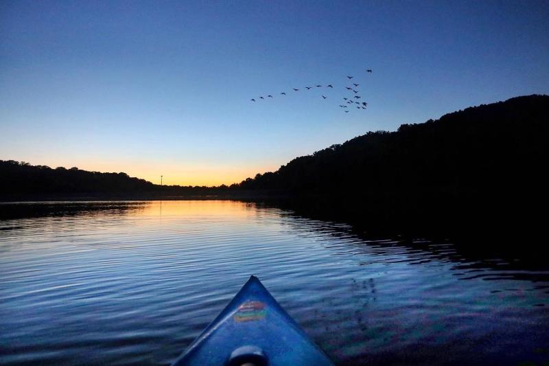 Kayaking on Griffy Lake at sunset