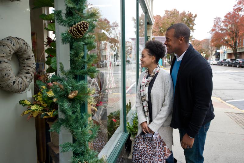 Man and woman window shopping in downtown Jeffersonville