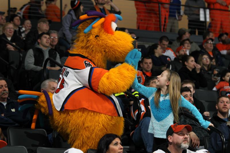 The Lehigh Valley Phantoms mascot, meLVin, interacts with fans at PPL Center in Allentown, Pa.