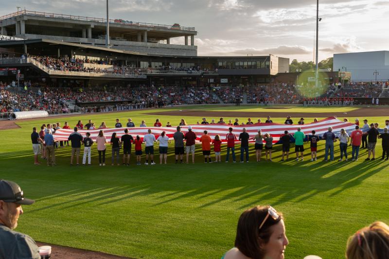 Woodpeckers Segra Flag in outfield at Segra Stadium, Fayetteville NC