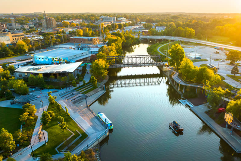 Aerial of Riverfront Fort Wayne at sunset