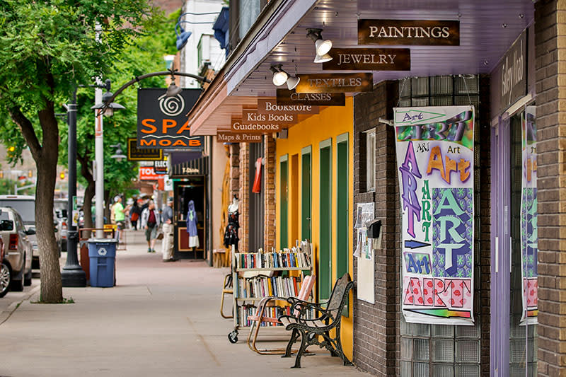 Colorful storefronts line Main Street in downtown Moab.
