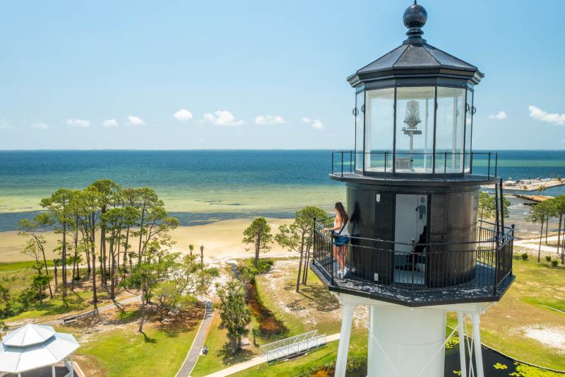 Aerial View of a Visitor looking over St. Joseph Bay from the Cape San Blas Lighthouse in Port St. Joe.