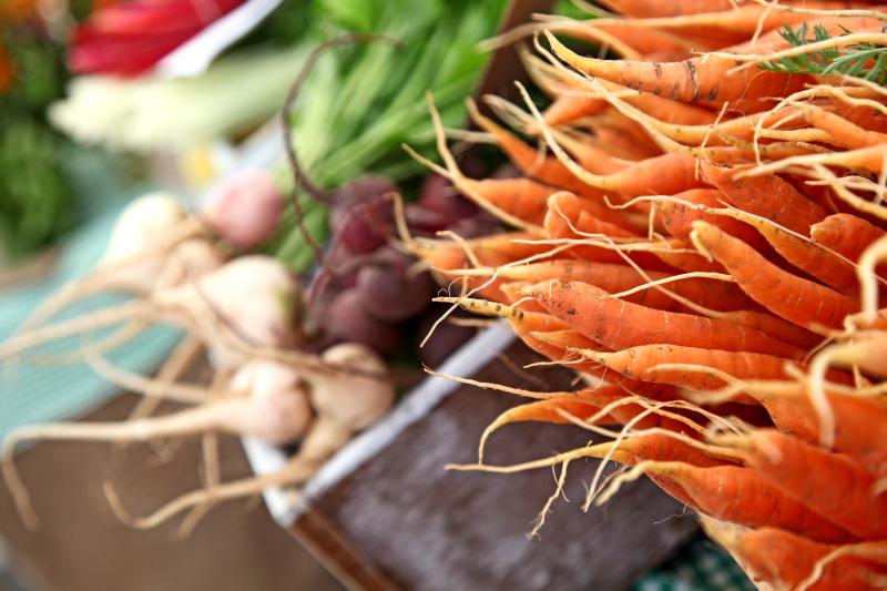 Close-up image of fresh-picked carrots with a basket of assorted produce in the background