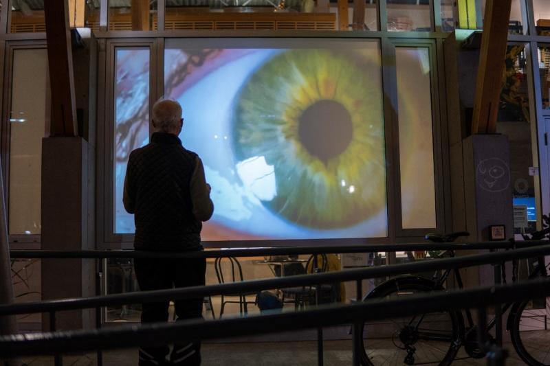 Man looking into Rotary Centre building viewing the artwork