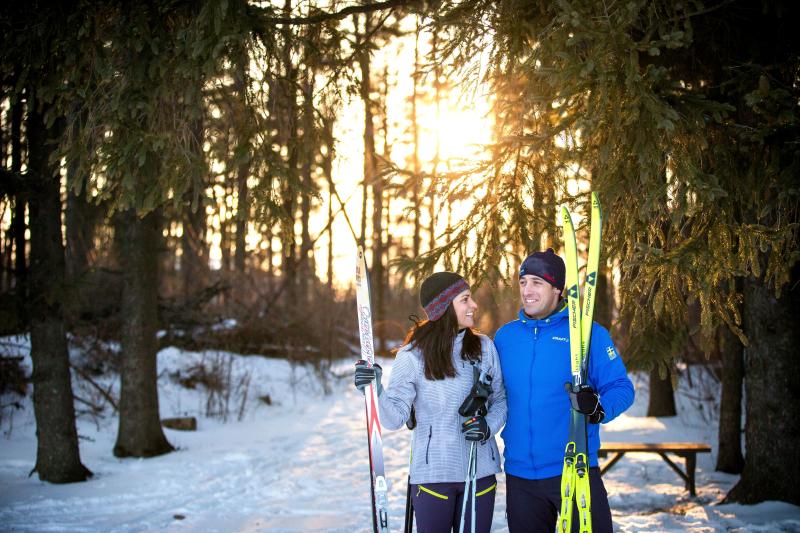 Couple on cross country ski trail
