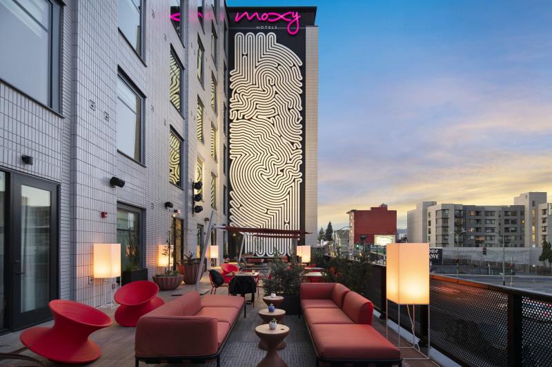 Moxy Outdoor Terrace seating with couches, chairs, and tables in Oakland, CA