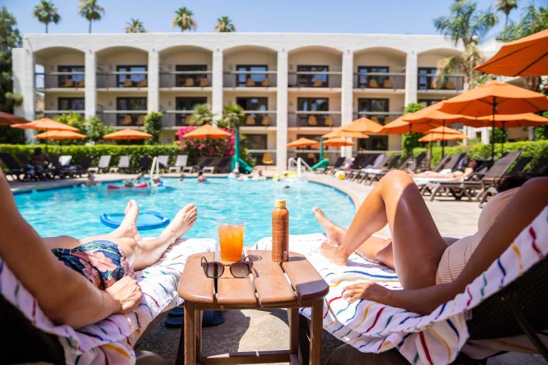 People sitting around a pool and swimming, on a sunny day