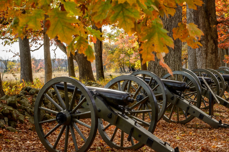 A row of cannons line an autumnal pathway in Gettysburg, PA