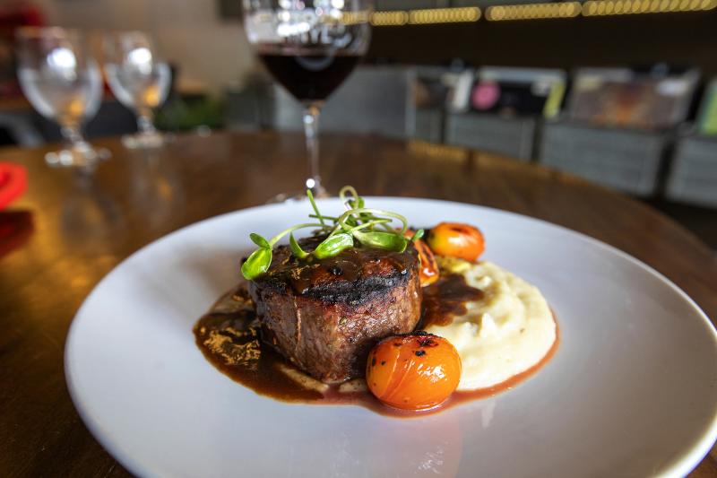 filet mignon and mashed potatoes at Vino and Vinyl restaurant