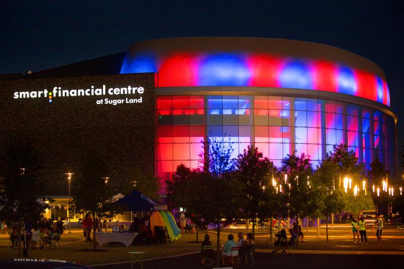 Smart Financial Centre at Sugar Land lit up in Indpendence Day colors