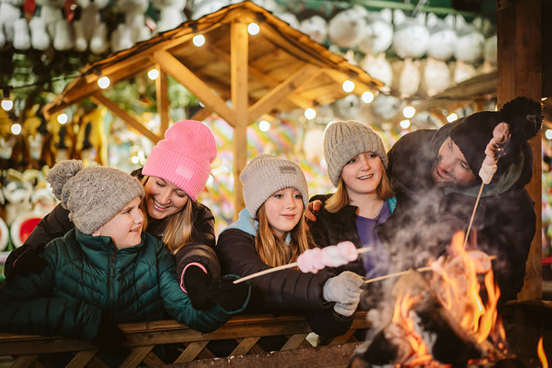 A family roasting marshmallows on an outdoor fire.