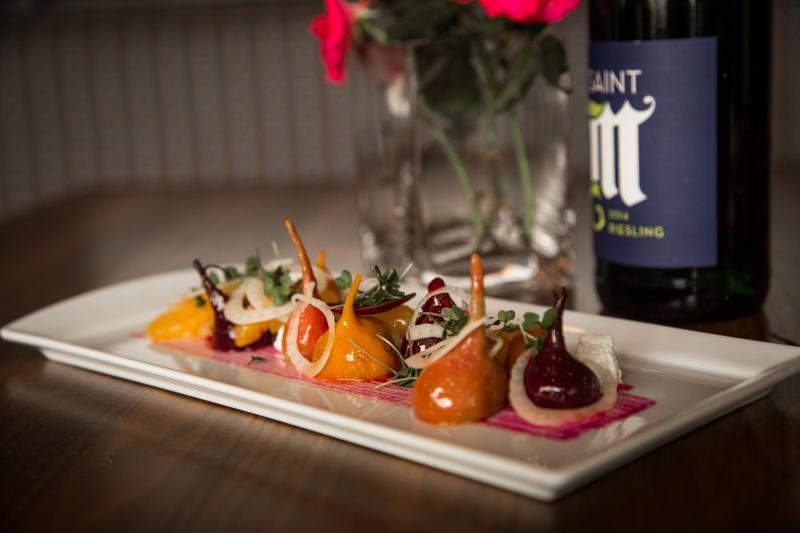Starter plate with a bottle of Riesling wine from Terrapin during CoVa Restaurant Week