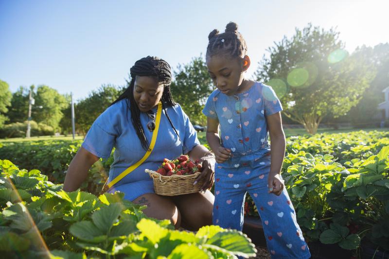 Mother and daughter picking strawberries in Virginia Beach