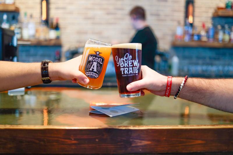 Two arms cheersing beer with a bar in the background