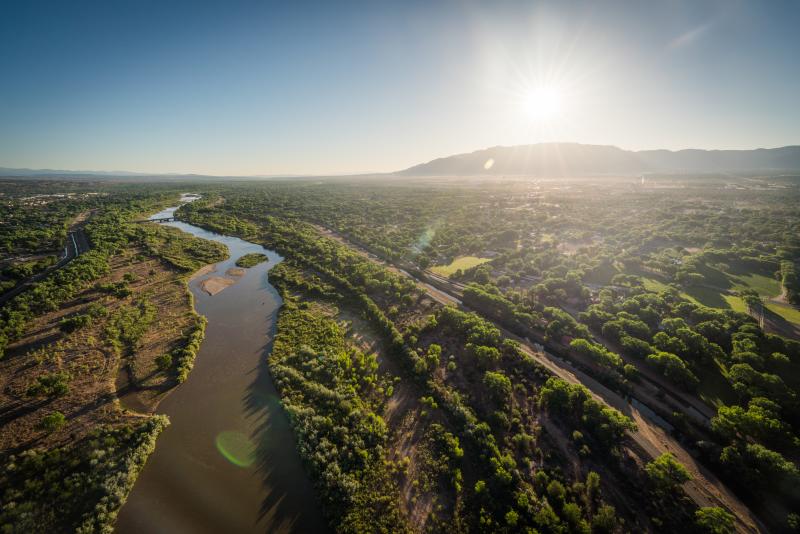 Overhead view of the Rio Grande, with greenery surrounding