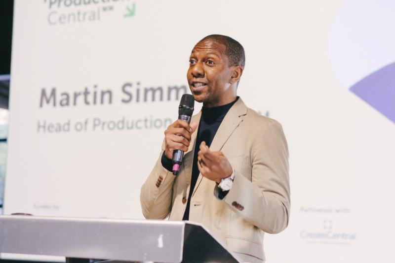 Martin Simms speaking on stage at the launch of Production Central WM