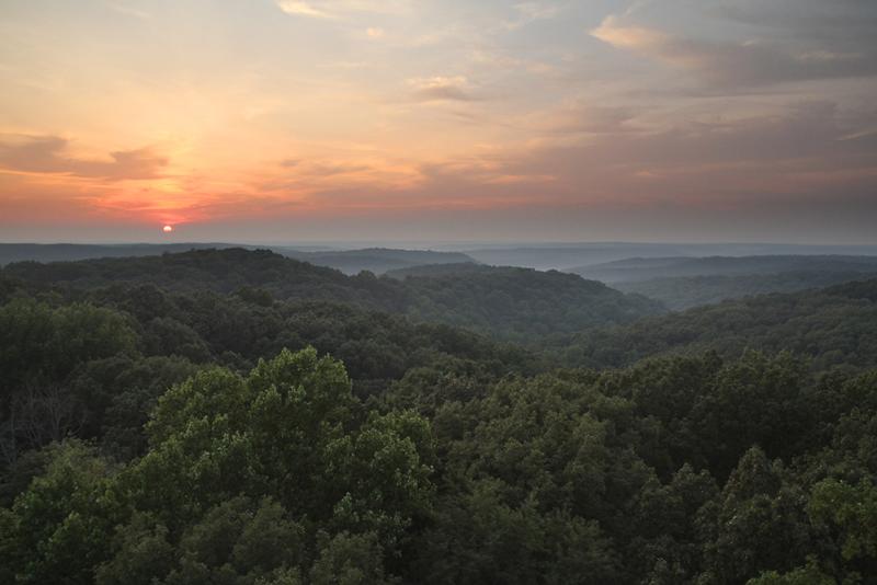 Tree-top view of the Deam Wilderness with the sun setting