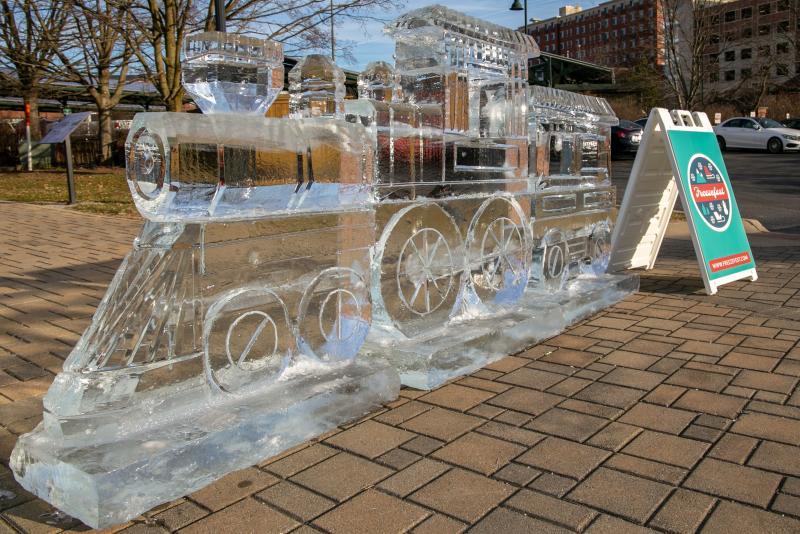 A train sculpted out of ice for Freezefest