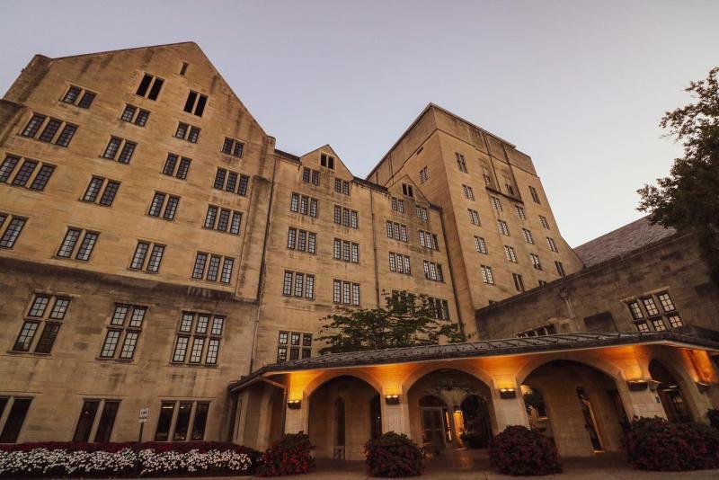 Exterior of the IMU Biddle Hotel at dusk