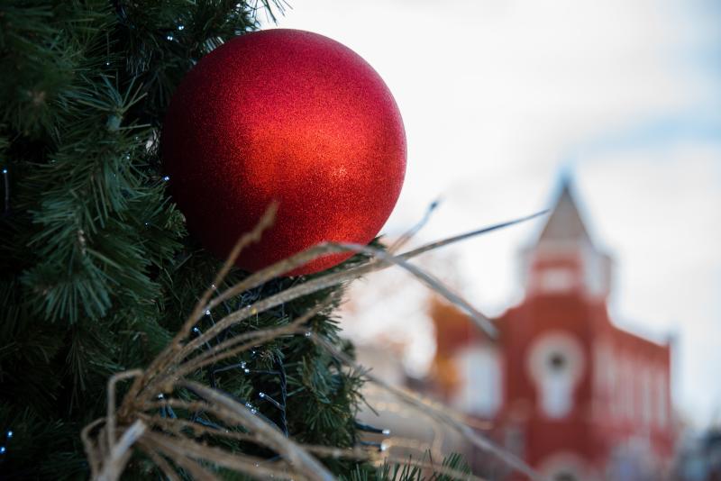 Ornament on Christmas Tree on Square with Red in background