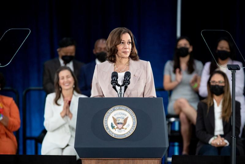 Vice President Kamala Harris returned to her hometown Friday to join Mayor Libby Schaaf and other city leaders to announce a new college fund for low-income students. Credit: Amir Aziz