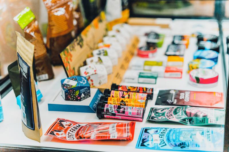 Different cannabis products at Ivy Hill Cannabis Dispensary in Oakland, California.