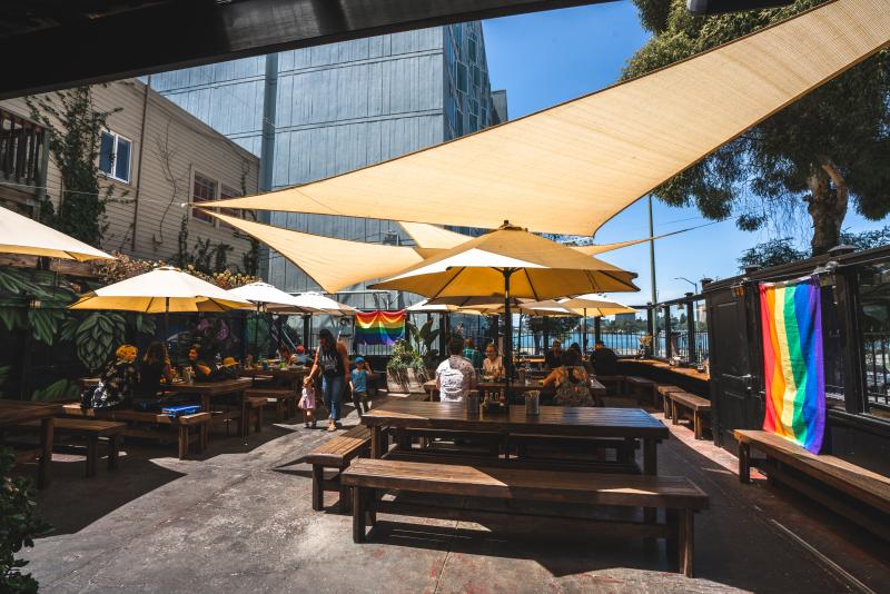 Outdoor patio at Portal Restaurant in Oakland, California.