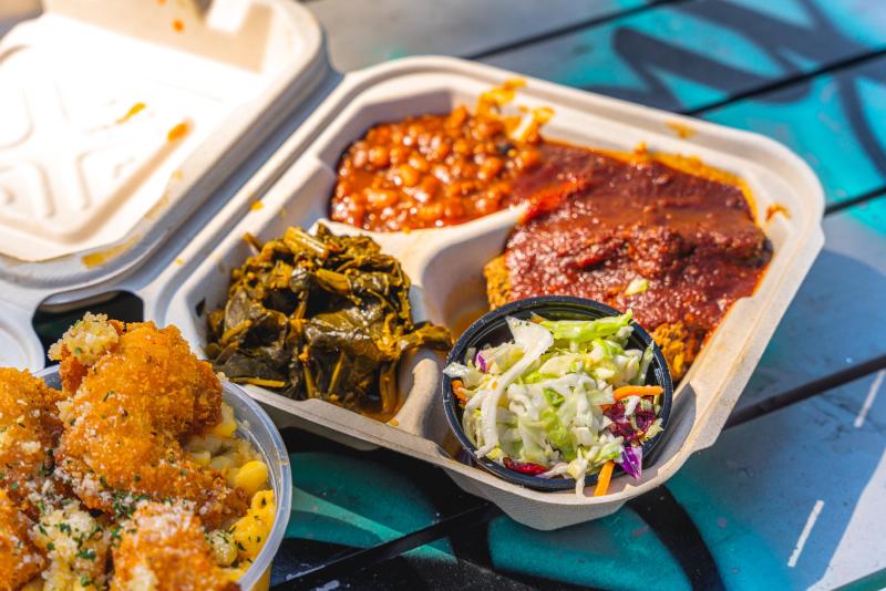 Plate of food at Vegan Mob in Oakland