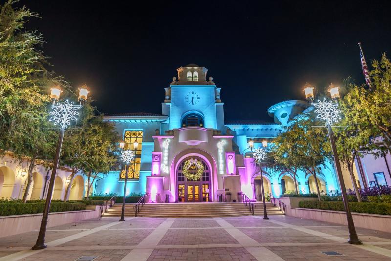 City Hall in Old Town Temecula lit up with chilled colors for the holidays