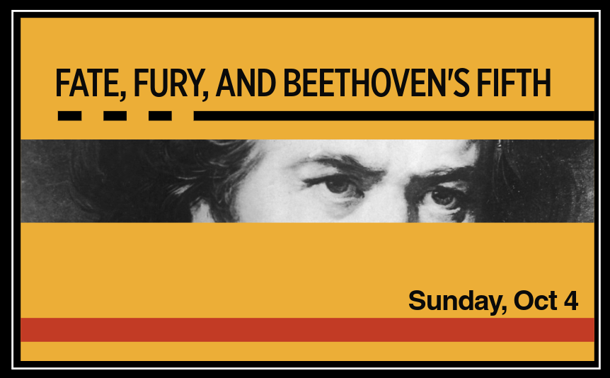 Beethoven is featured on an image with yellow and black banners at the top and bottom