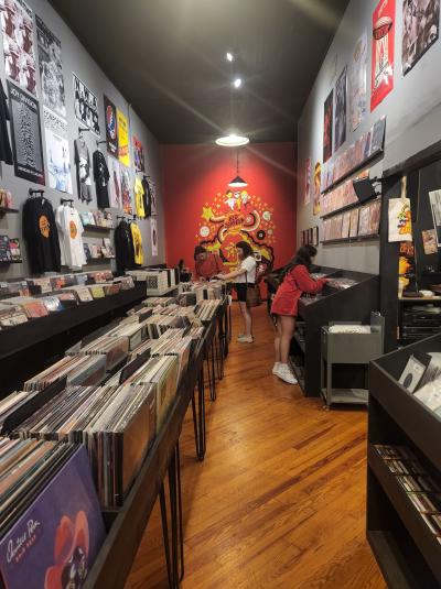 Red Zeppelin Records - bins with customers and mural on back wall