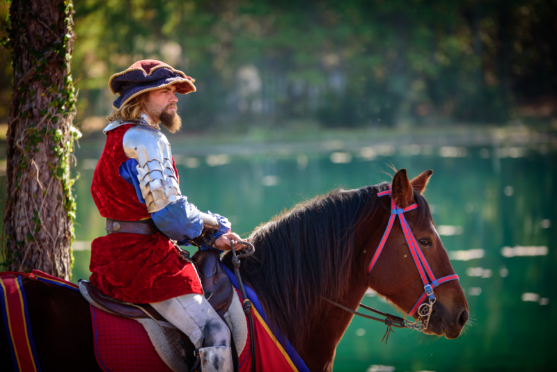 A man dressed up in a medieval costume riding a horse 