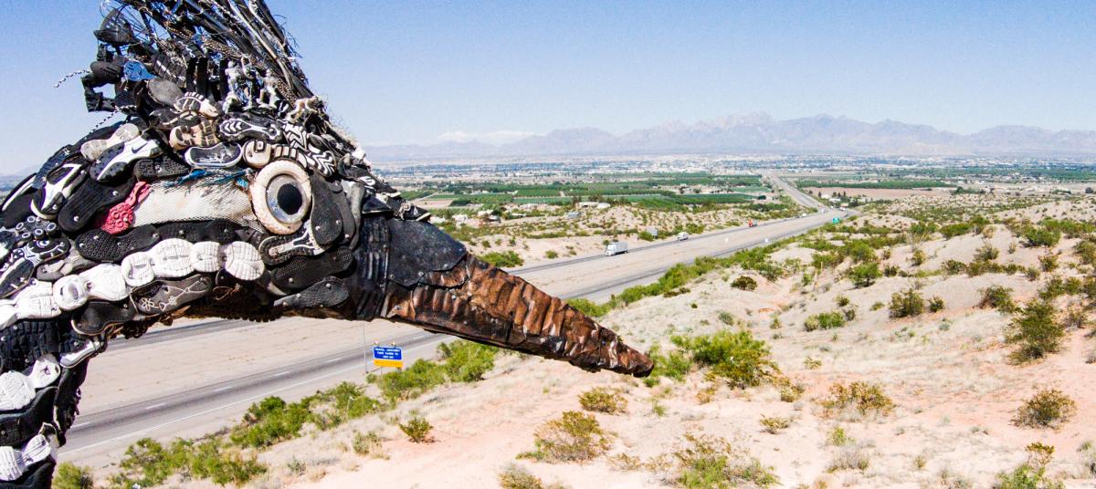 Big Bird, a large roadrunner sculpture made from recycled materials in Las Cruces, NM