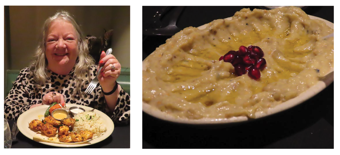 A collage showing a close up image of food from Turkey and a picture of Marilyn smiling with a plate of food
